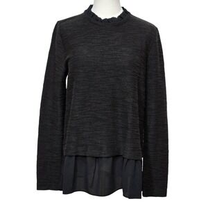 LOFT Sweater Womens Medium Black Gray Ruffle Collar Chiffon Hem Layered‎ NWT